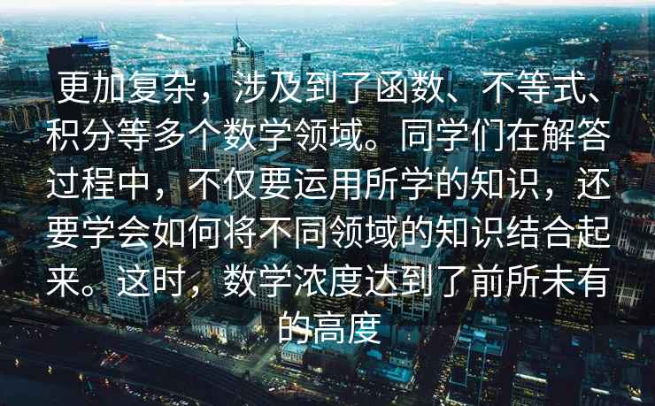 更加复杂，涉及到了函数、不等式、积分等多个数学领域。同学们在解答过程中，不仅要运用所学的知识，还要学会如何将不同领域的知识结合起来。这时，数学浓度达到了前所未有的高度